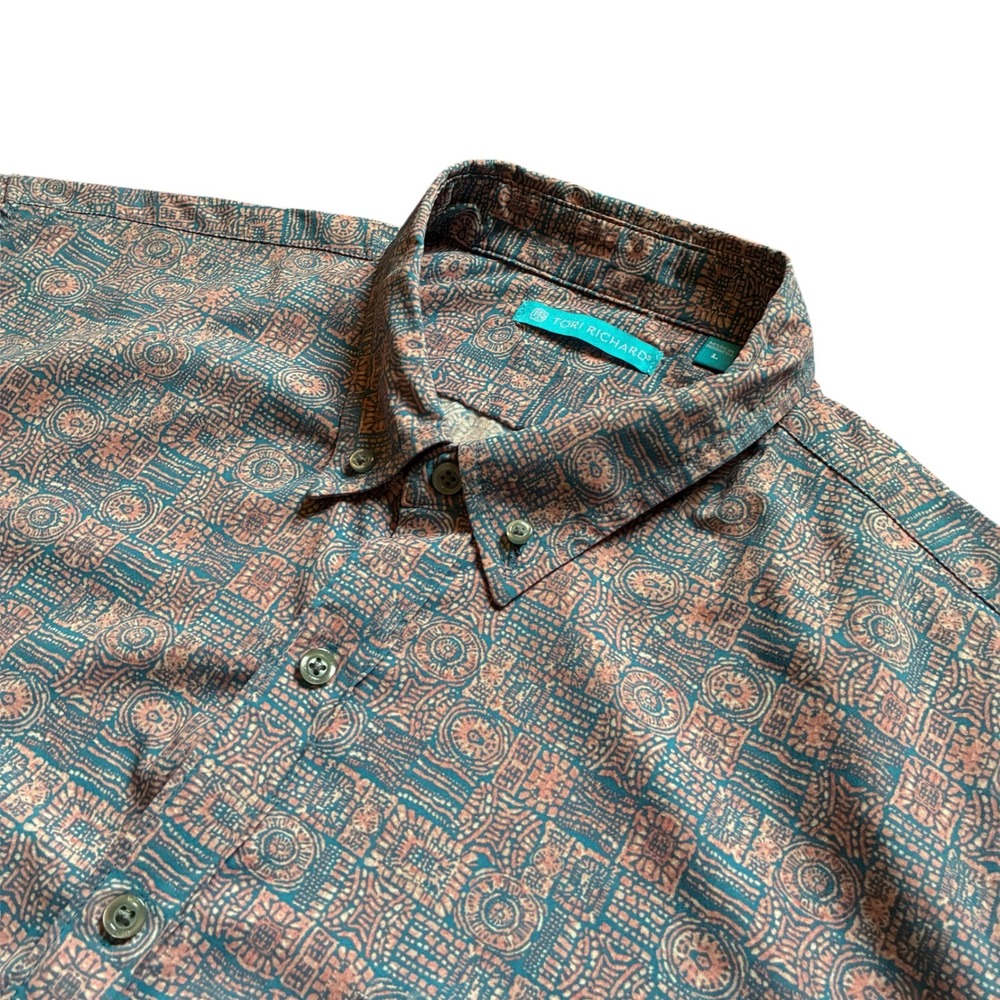Tori Richard Button Down Shirt Mens L Teal Orange Excellent Geometric Print